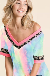 BiBi Rainbow Tie-Dye Leopard Trim V-Neck T-Shirt | T-Shirts Daverri Fashions