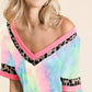 BiBi Rainbow Tie-Dye Leopard Trim V-Neck T-Shirt - DAVERRI FASHIONS