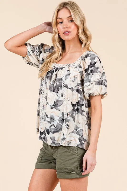 Lime 'N' Chili Floral Print Lace Trim Puff Sleeve Blouse