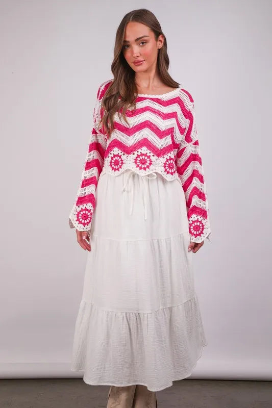 VERY J Chevron/Floral Pattern Crochet Knit Top | Knit Tops Daverri Fashions
