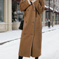 Plus size drop shoulder sherpa longline coat in camel with white shearling trim