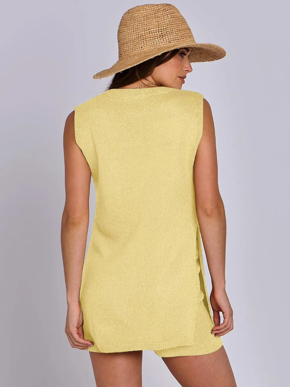 Side Slit Round Neck Tank and Ribbed Shorts Sweater Set | Outfit Sets Daverri Fashions