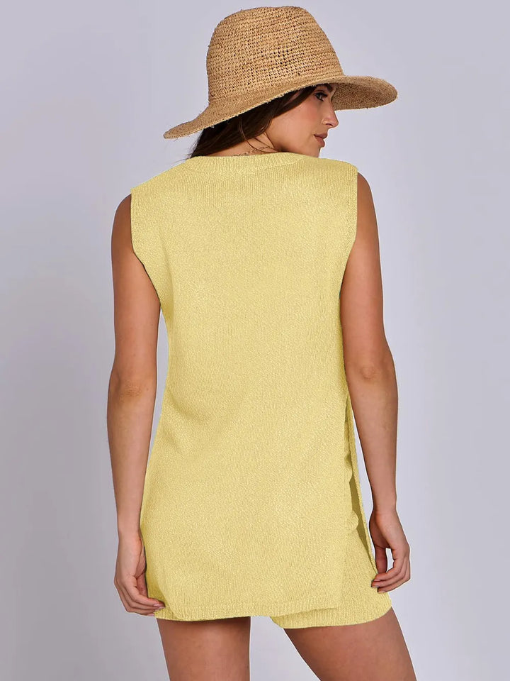 Side Slit Round Neck Tank and Ribbed Shorts Sweater Set | Outfit Sets Daverri Fashions