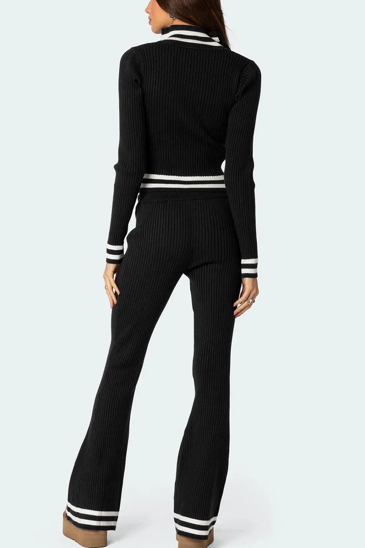 Black Zip Up Long Sleeve Top and Pants Set | Outfit Sets Daverri Fashions