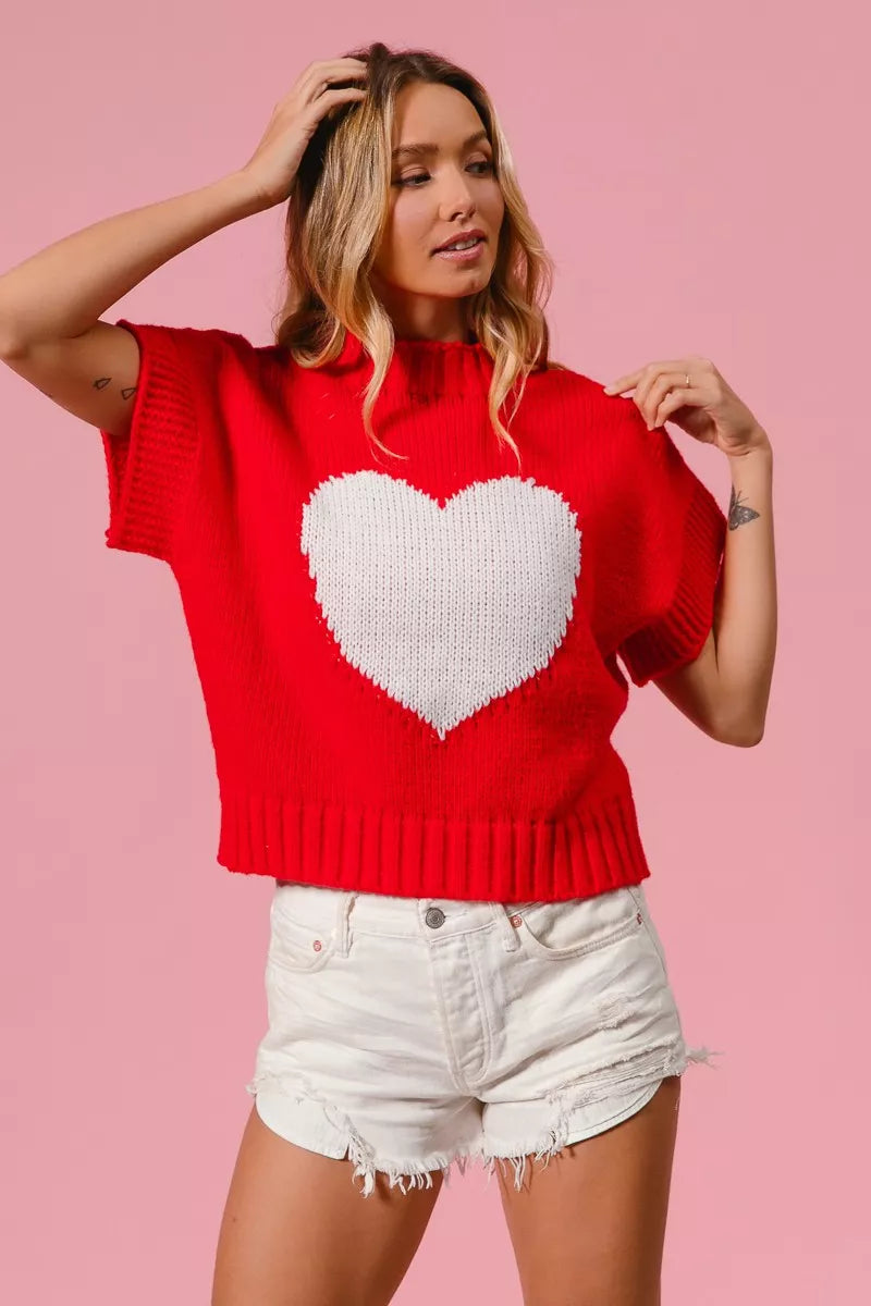 Red BiBi Rib Banded Heart Pattern Valentines Sweater with white heart design