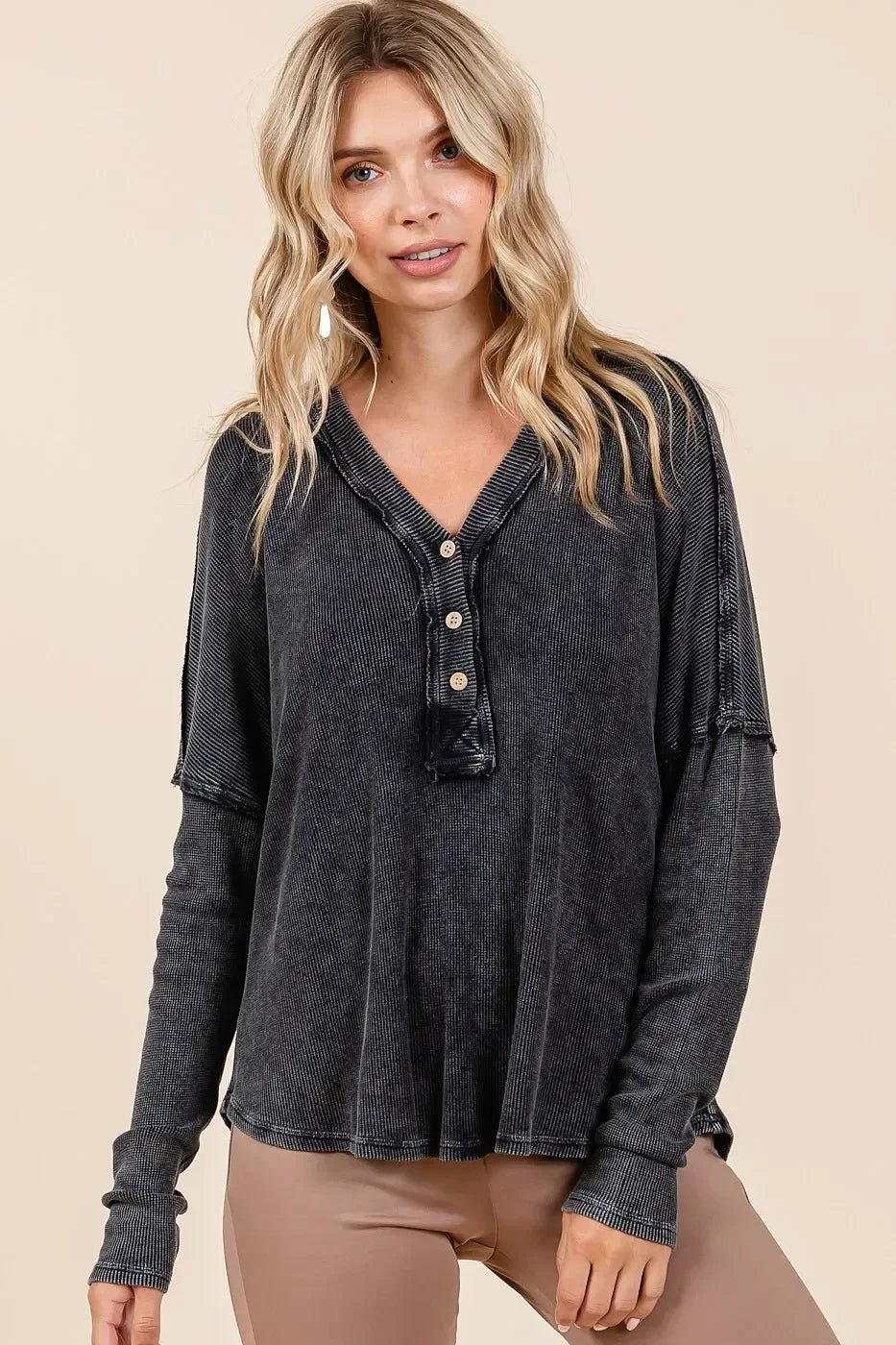 Mittoshop Washed V-Neck Long Sleeve Blouse - DAVERRI FASHIONS