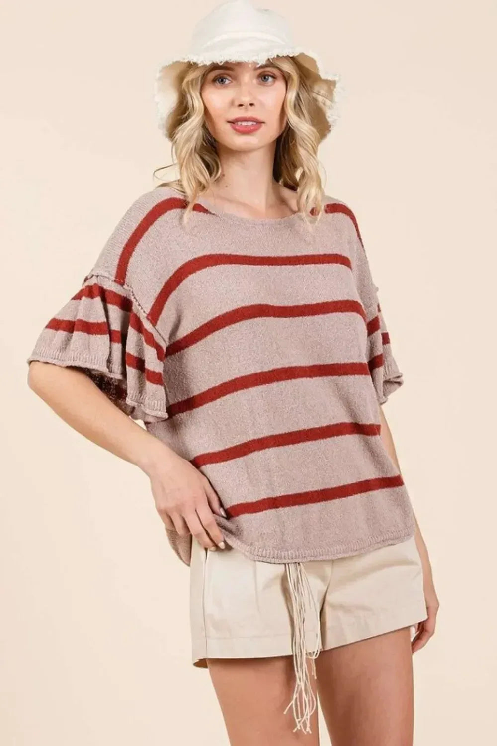 Mittoshop Striped Flounce Sleeve Knit Top - DAVERRI FASHIONS
