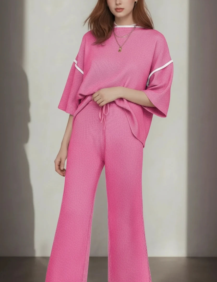 Pink wide-leg pants with white piping in contrast trim set