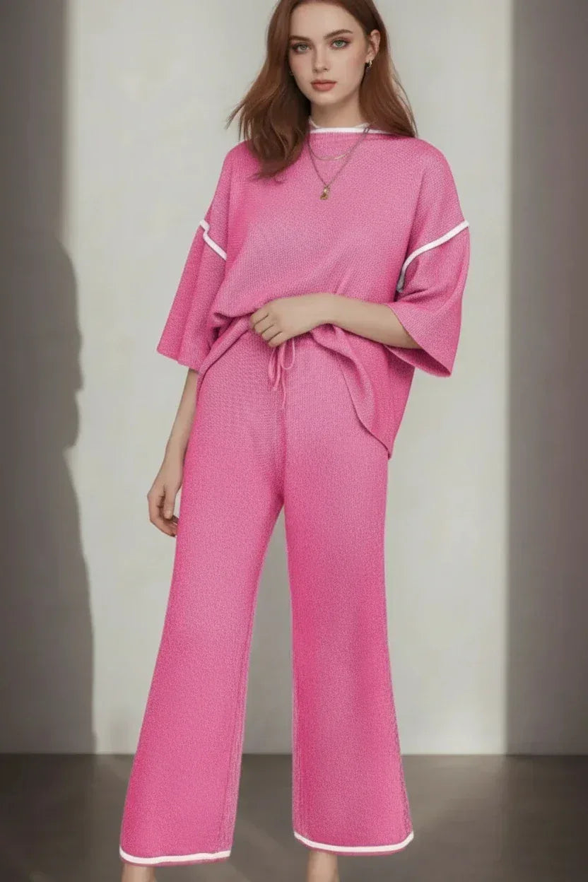 Daverri Fashions Contrast Trim Round Neck Top and Pants Set - DAVERRI FASHIONS