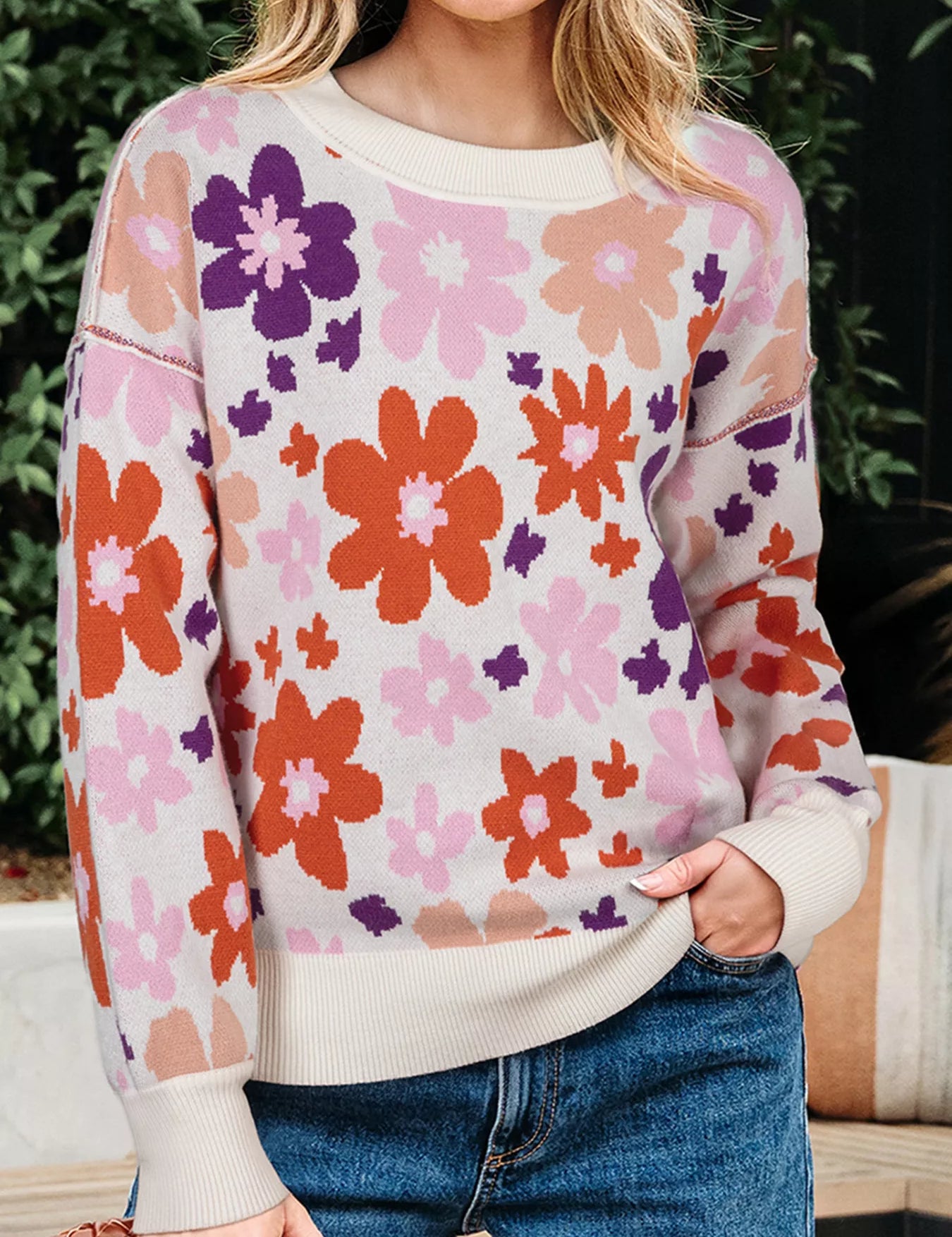 Floral Floral Pattern Drop Shoulder Sweater | Sweaters Daverri Fashions