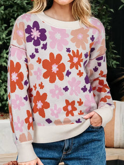 Floral Pattern Drop Shoulder Sweater - DAVERRI FASHIONS