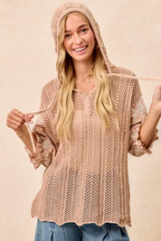 BiBi Jacquard Flower Puff Sleeve Hooded Knit Top | Tops Daverri Fashions