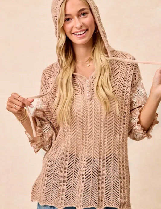 BiBi Jacquard Flower Puff Sleeve Hooded Knit Top | Tops Daverri Fashions