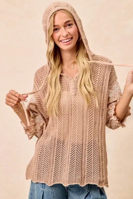 BiBi Jacquard Flower Puff Sleeve Hooded Knit Top - DAVERRI FASHIONS