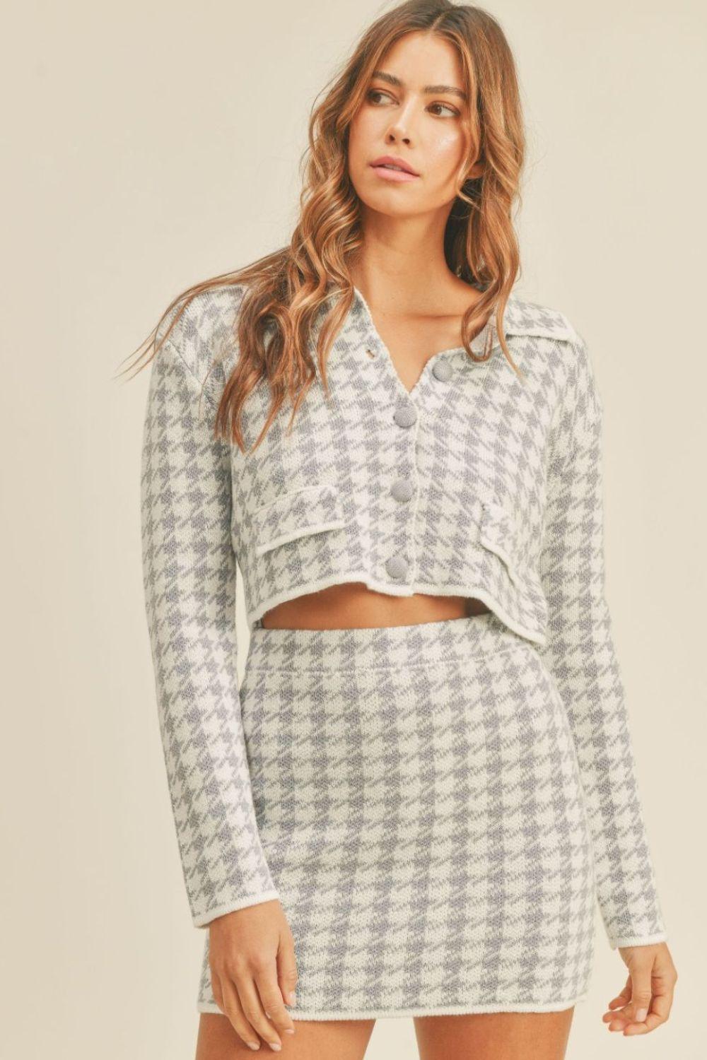 MABLE Houndstooth Cropped Knit Cardigan and Mini Skirt Set Blue Outfit Sets