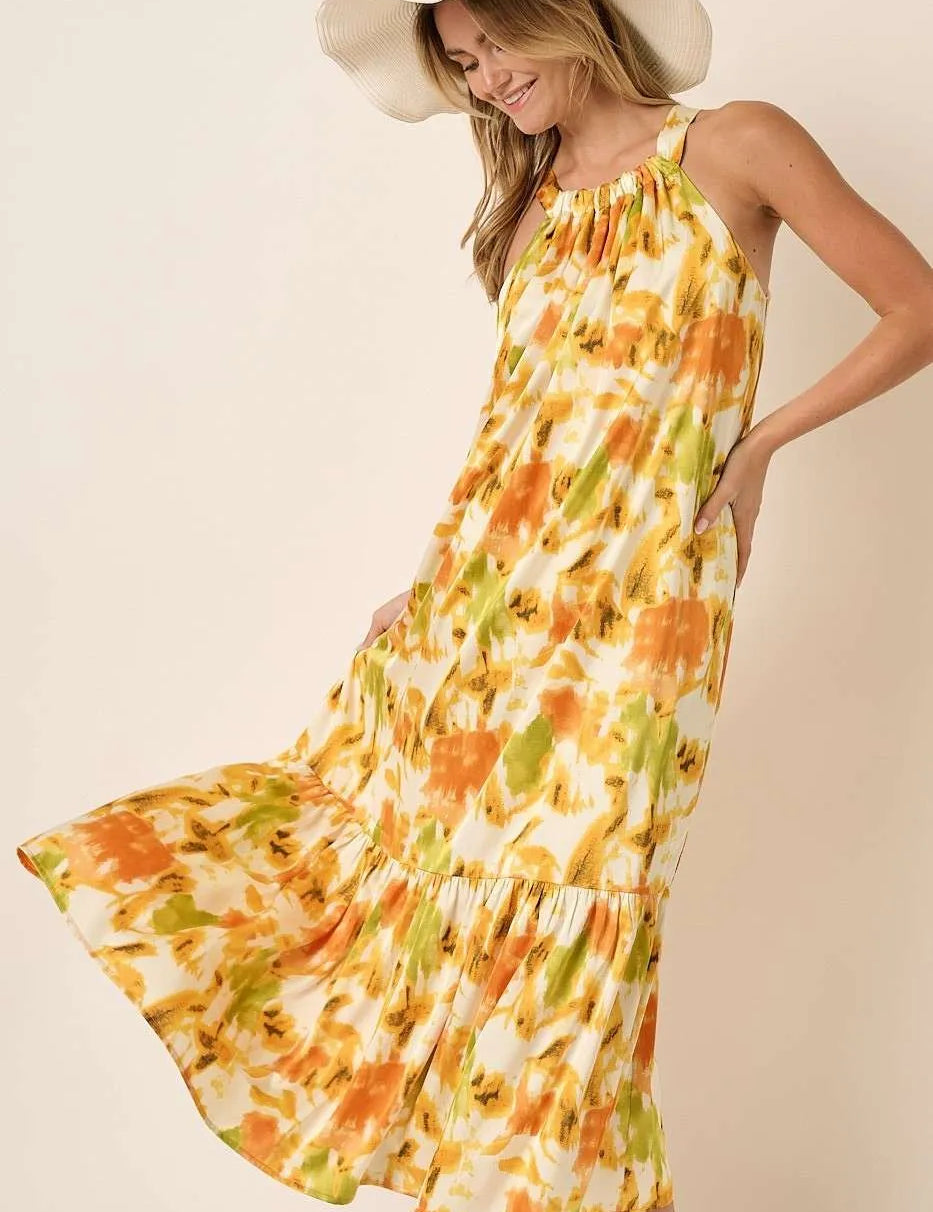 Mittoshop Watercolor Print Halter Neck Satin Maxi Dress | Maxi Dresses Daverri Fashions