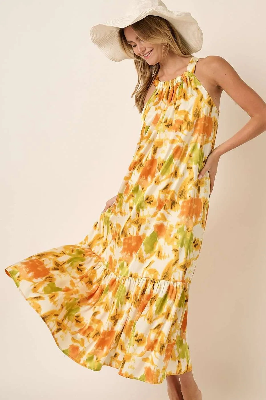 Mittoshop Watercolor Print Halter Neck Satin Maxi Dress Maxi Dresses