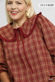 Umgee Full Size Plaid Ruffle Collar Blouse Plus Size | Blouses Daverri Fashions