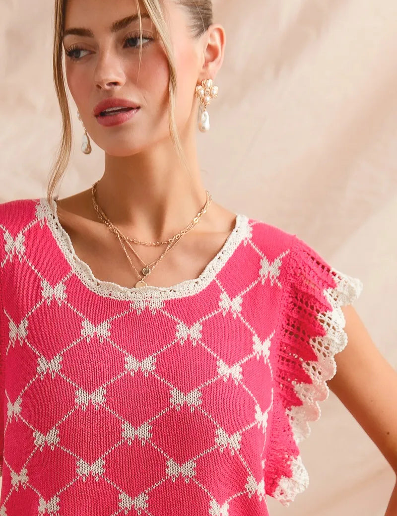 SO ME Bow Ribbon Pattern Sweater Top with Back Key Hole | Sweaters Daverri Fashions