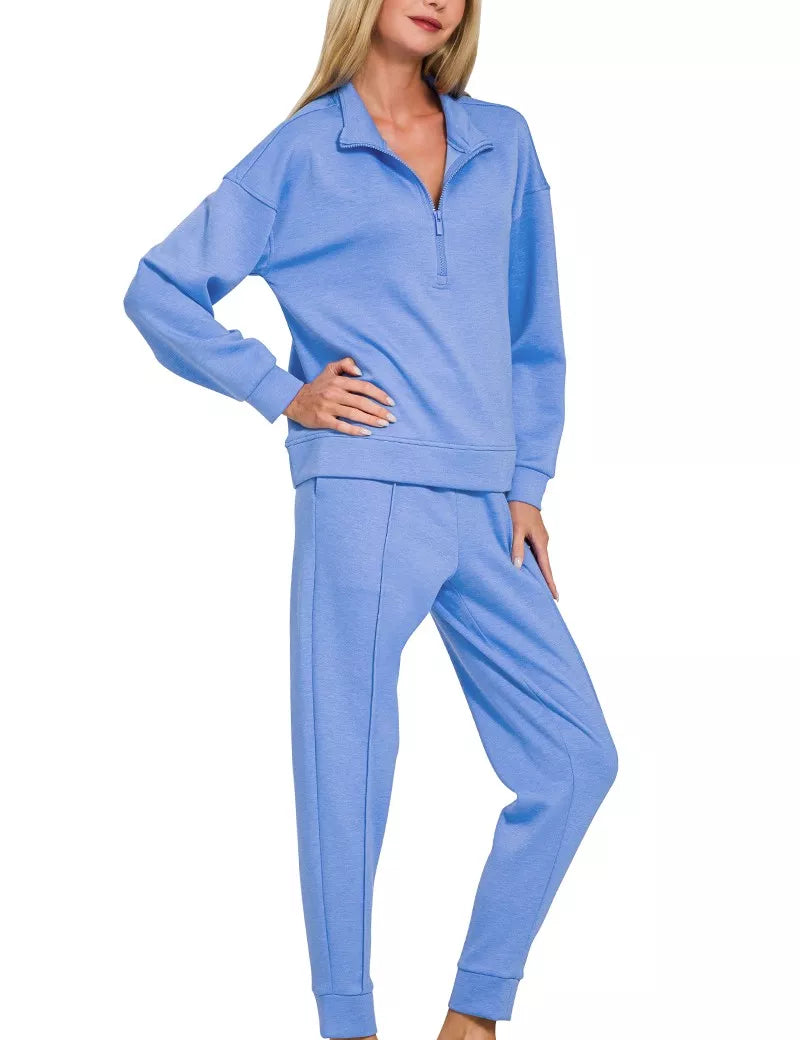 Zenana Scuba Half Zip Pullover and Jogger Set in cornflower blue