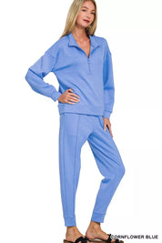 Zenana Scuba Half Zip Pullover and Jogger Set in cornflower blue