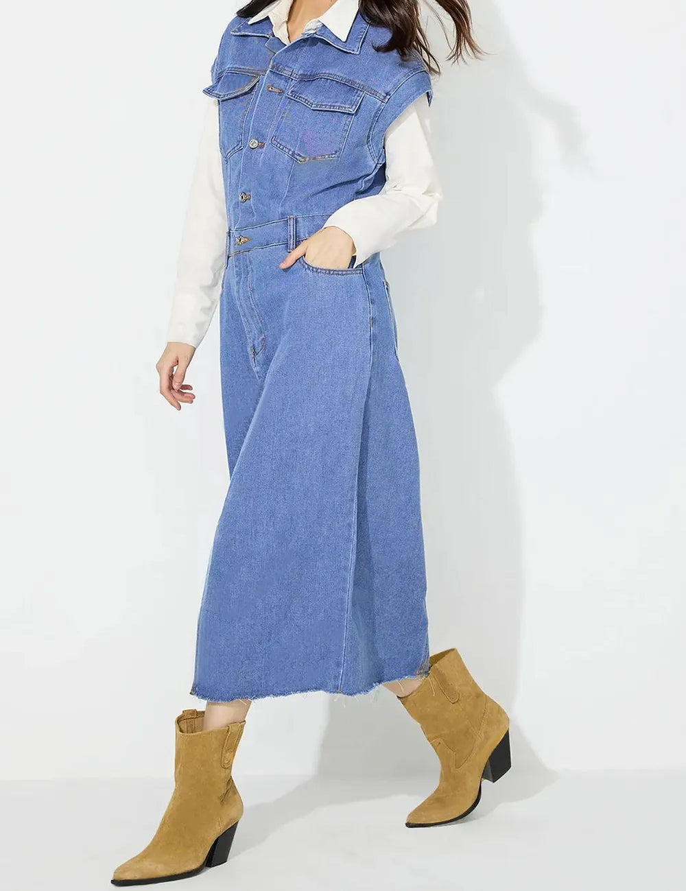 Slit Half Button Collared Neck Cap Sleeve Denim Dress | Midi Dresses Daverri Fashions