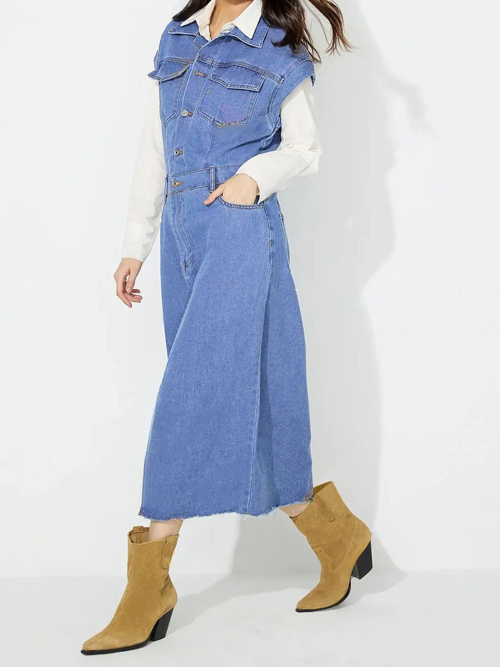 Slit Half Button Collared Neck Cap Sleeve Denim Dress | Midi Dresses Daverri Fashions