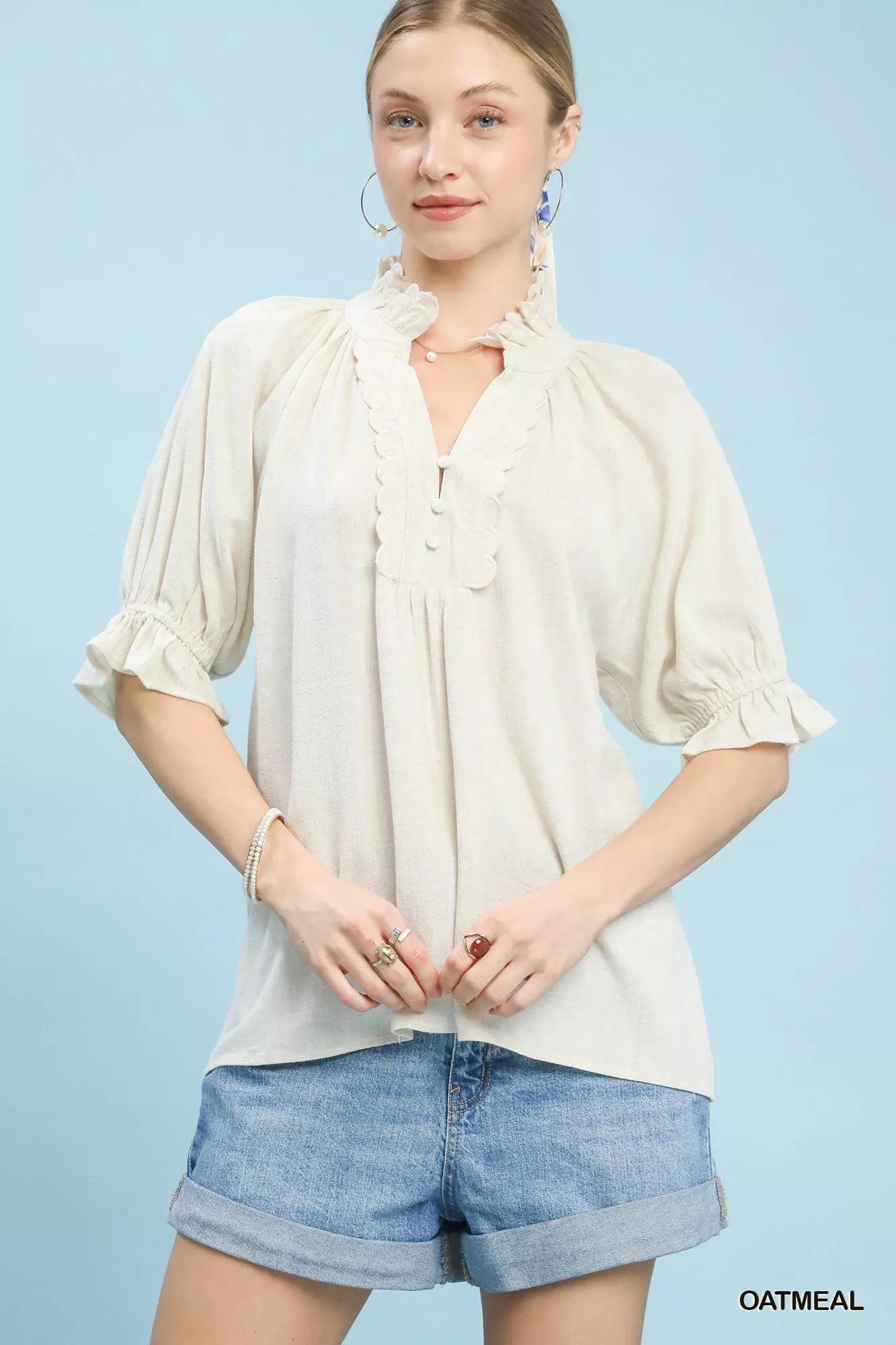 Umgee linen scalloped ruffle neck blouse in oatmeal with flowing fabric