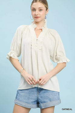 Umgee linen scalloped ruffle neck blouse in oatmeal with flowing fabric