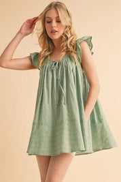 PISTACHIO Aemi+Co Ruffled Cap Sleeve Cotton Tunic Mini Dress | Mini Dresses Daverri Fashions