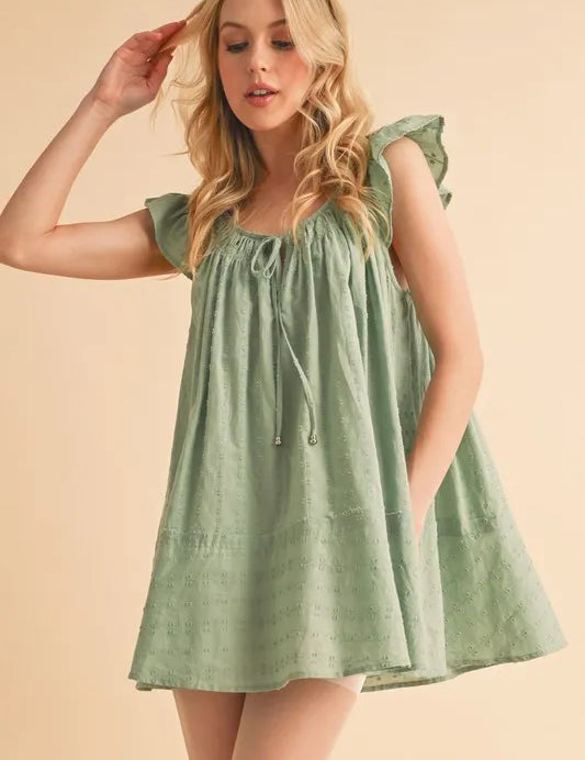 PISTACHIO Aemi+Co Ruffled Cap Sleeve Cotton Tunic Mini Dress | Mini Dresses Daverri Fashions