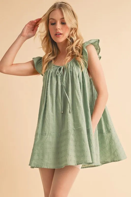 PISTACHIO Aemi+Co Ruffled Cap Sleeve Cotton Tunic Mini Dress | Mini Dresses Daverri Fashions