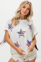BiBi American Flag Sequin Star Fringe Top | Tops Daverri Fashions