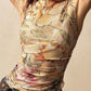 Daverri Floral Print Mock Neck Tank in sheer ruched beige with peach blossoms