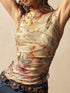 Daverri Floral Print Mock Neck Tank in sheer ruched beige with peach blossoms