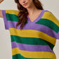 SO ME Mardi Gras loose fit V-neck striped sweater in bold purple, green, yellow bands