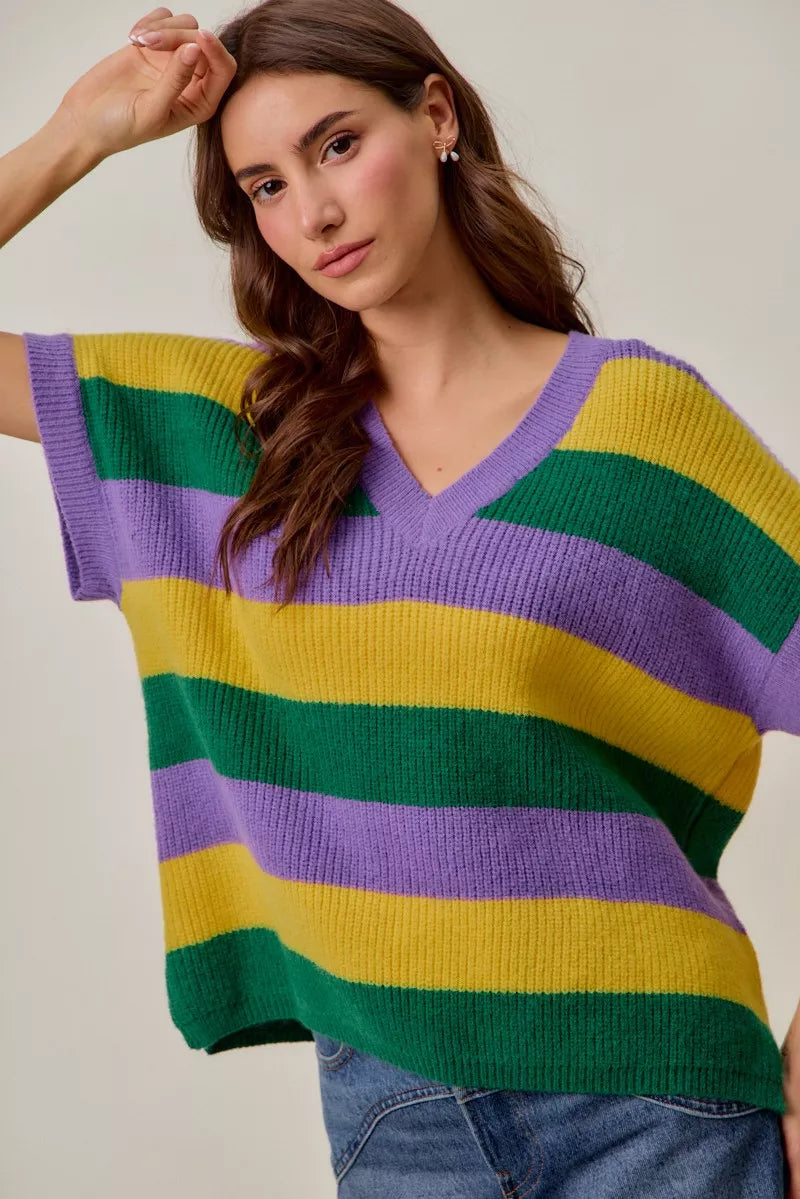 SO ME Mardi Gras loose fit V-neck striped sweater in bold purple, green, yellow bands