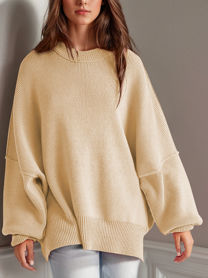 Side Slit Round Neck Long Sleeve Sweater Pastel Yellow Tops