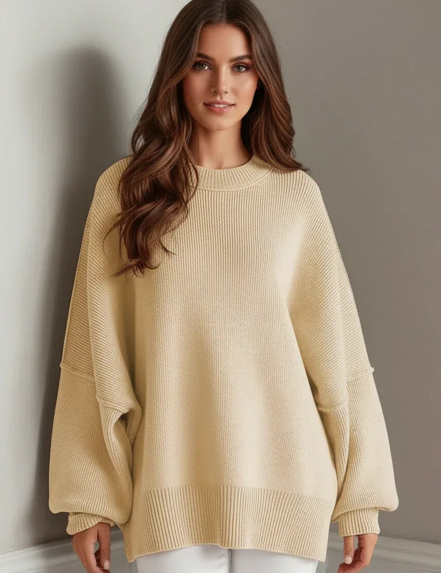 Daverri Fashions Side Slit Round Neck Long Sleeve Sweater - DAVERRI FASHIONS