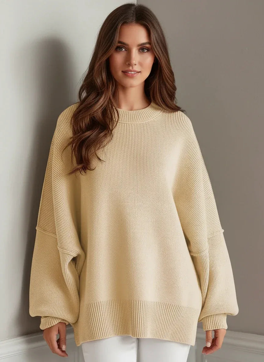 Daverri Fashions Side Slit Round Neck Long Sleeve Sweater - DAVERRI FASHIONS