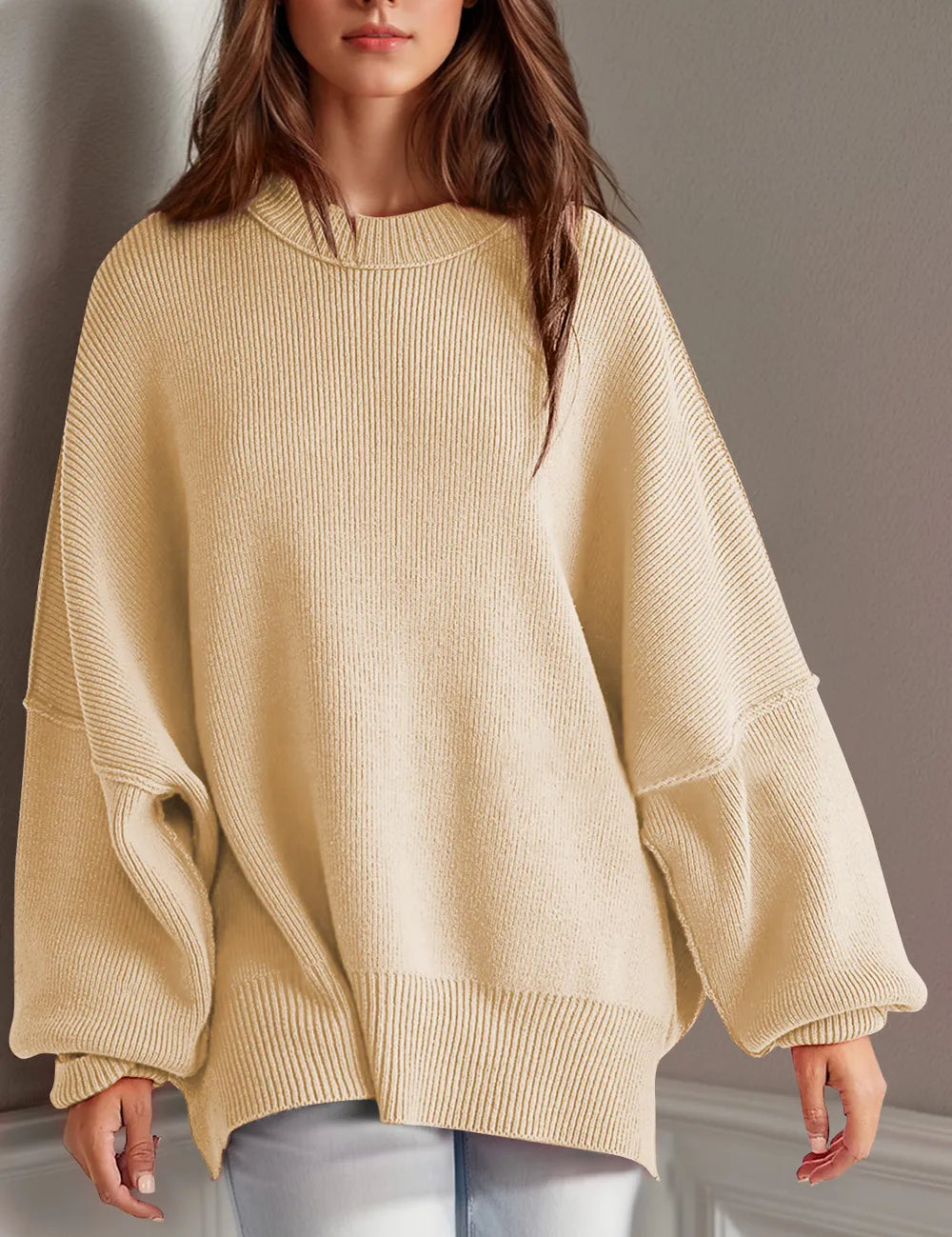 Pastel Yellow Side Slit Round Neck Long Sleeve Sweater | Sweaters Daverri Fashions