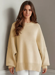 Daverri Fashions Side Slit Round Neck Long Sleeve Sweater - DAVERRI FASHIONS