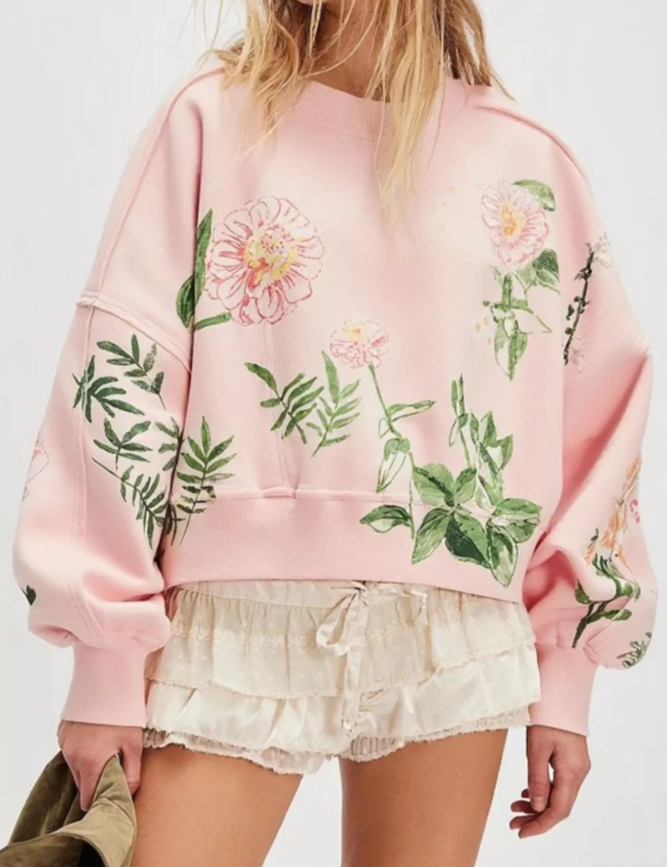 Pink Printed Round Neck Dropped Shoulder Sweatshirt | Sweatshirts Daverri Fashions
