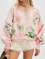 Pink Printed Round Neck Dropped Shoulder Sweatshirt | Sweatshirts Daverri Fashions