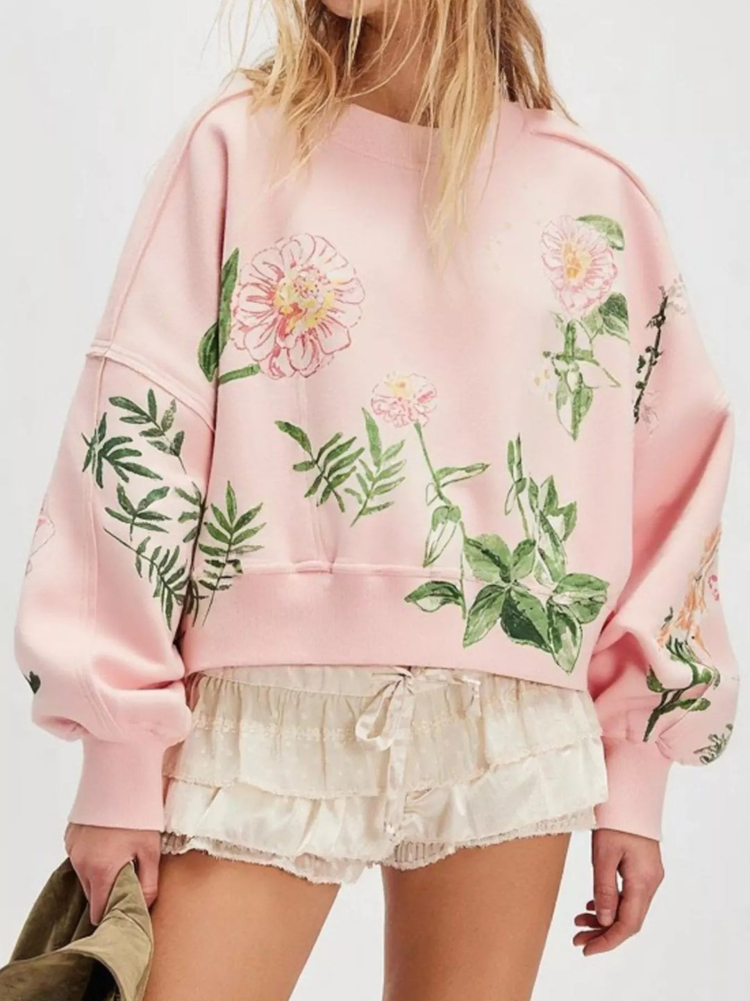 Pink Printed Round Neck Dropped Shoulder Sweatshirt | Sweatshirts Daverri Fashions