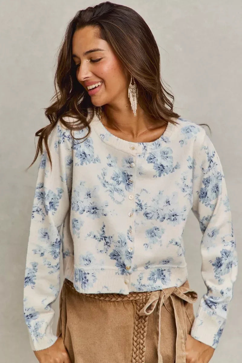 SO ME Vintage Floral Print Button Down Sweater Cardigan - DAVERRI FASHIONS