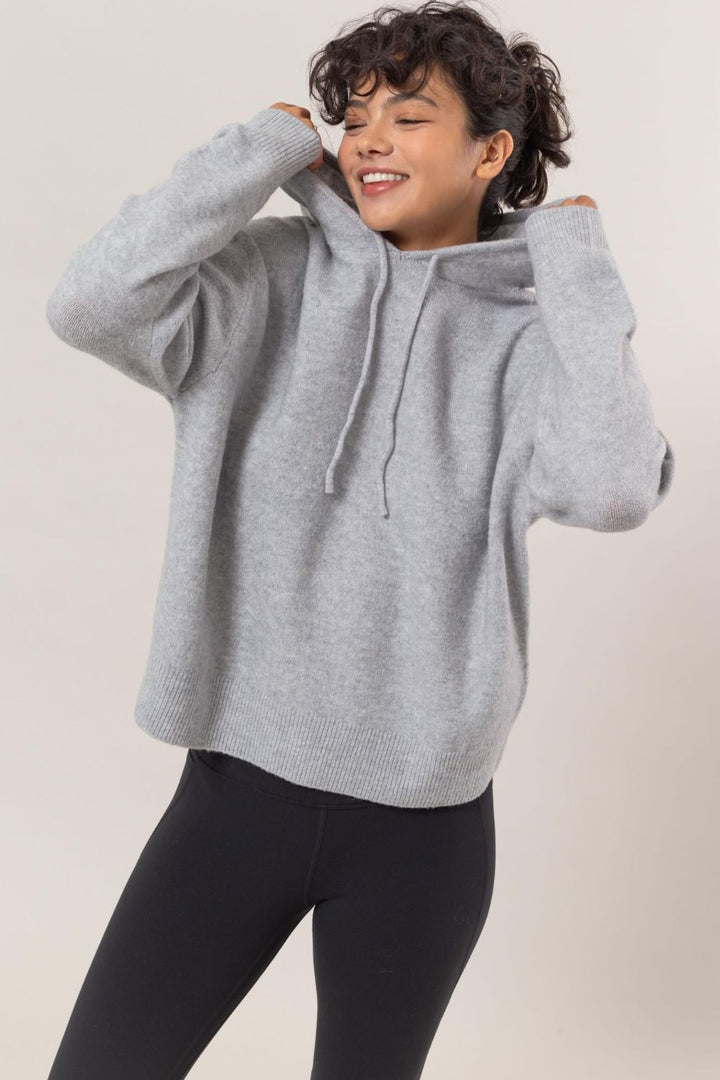 HYFVE Drawstring Long Sleeve Hooded Sweater Gray Tops