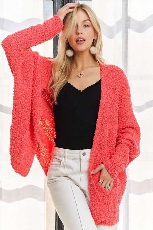 ADORA Popcorn Knit Open Front Long Sleeve Cardigan Coral One Size Tops