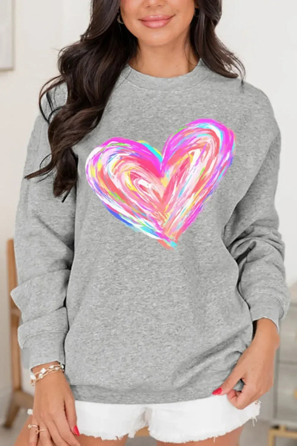 Valentine’s Day Heart Round Neck Drop Shoulder Sweatshirt - DAVERRI FASHIONS
