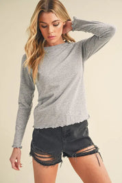 Light Gray Aemi + Co Lettuce Hemline Round Neck Raglan Sleeve T-Shirt | Daverri Fashions